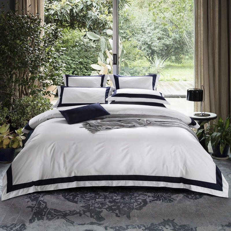 Eloria White Egyptian Cotton Bedding Set With Navy Stripes