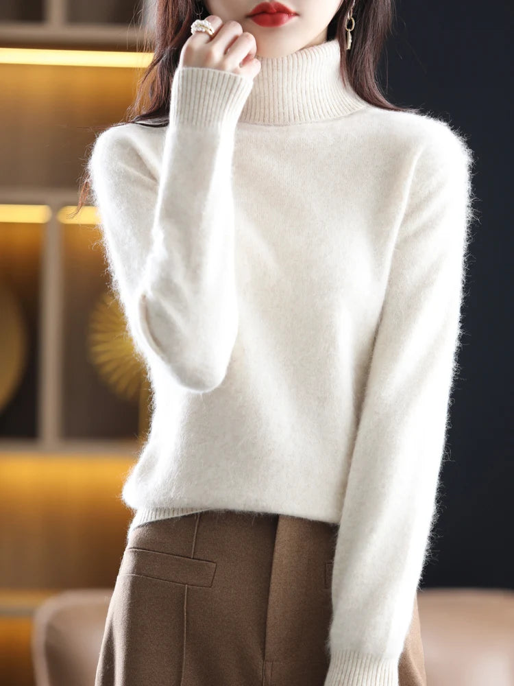 100% Mink Cashmere Turtleneck Sweater - Soft Slim Knit Pullover for Warm Elegant Autumn/Winter Style