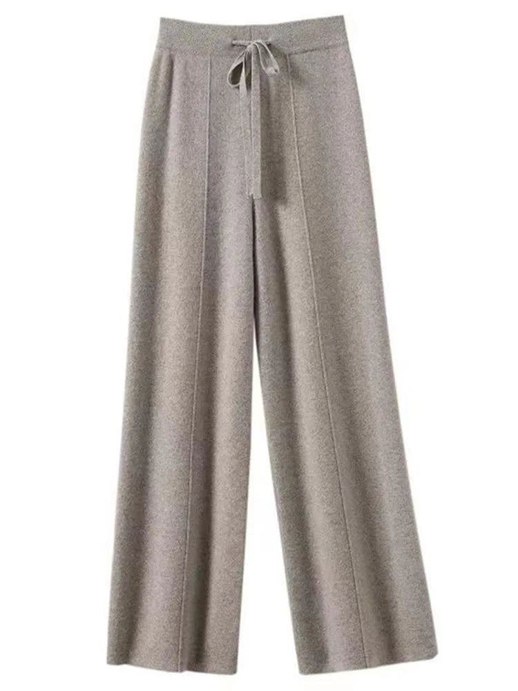 100% Cashmere Wide-Leg Knit Pants - High-Waist Soft Warm Trousers for Effortless Autumn/Winter Style