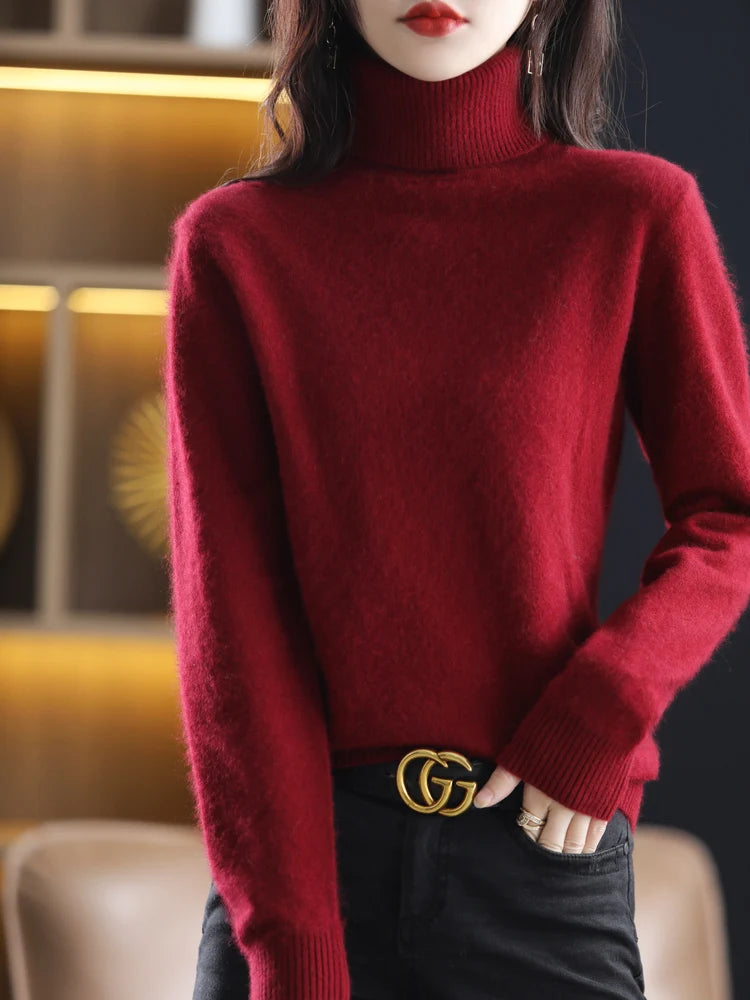 100% Mink Cashmere Turtleneck Sweater - Soft Slim Knit Pullover for Warm Elegant Autumn/Winter Style