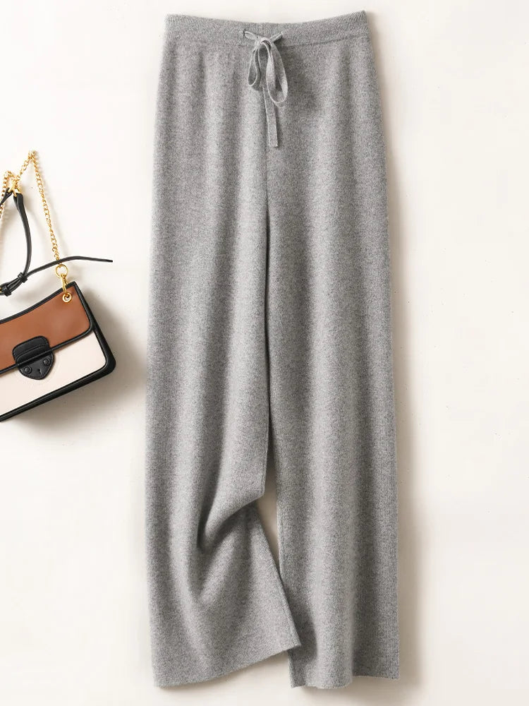 Adele Women’s Wide-Leg Knit Pants – Soft Loose Fit 100% Merino Wool Trousers for Autumn/Winter