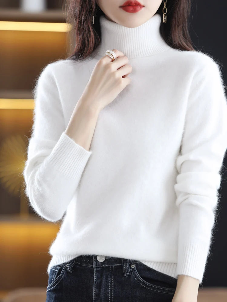 100% Mink Cashmere Turtleneck Sweater - Soft Slim Knit Pullover for Warm Elegant Autumn/Winter Style