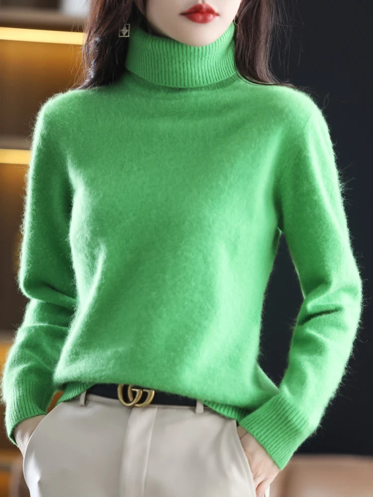 100% Mink Cashmere Turtleneck Sweater - Soft Slim Knit Pullover for Warm Elegant Autumn/Winter Style