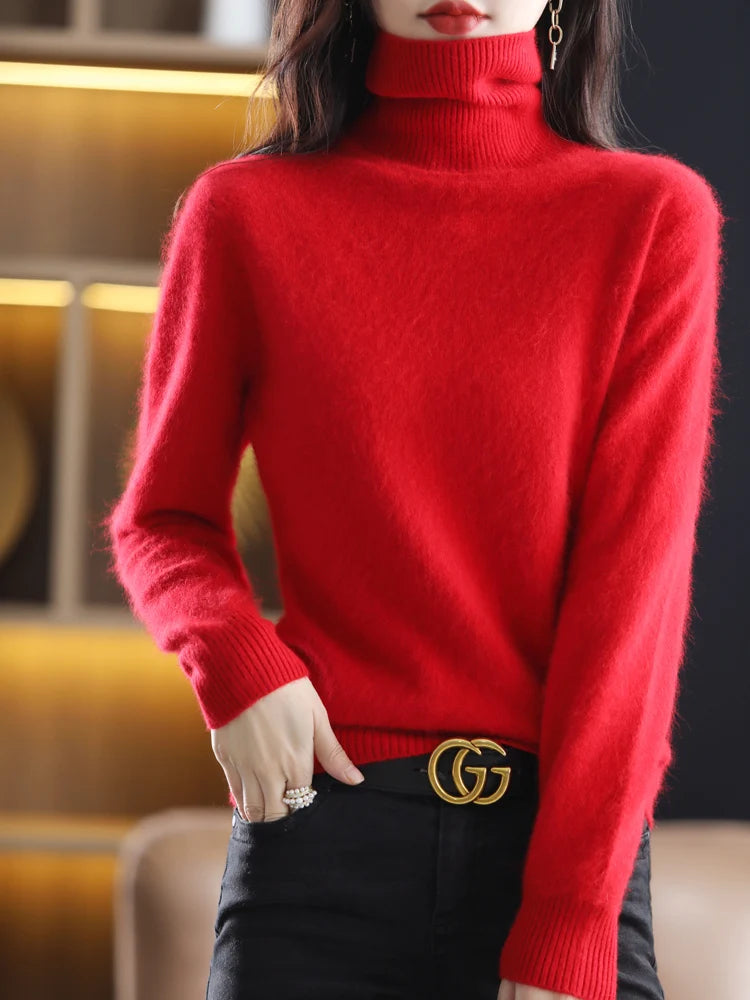 100% Mink Cashmere Turtleneck Sweater - Soft Slim Knit Pullover for Warm Elegant Autumn/Winter Style