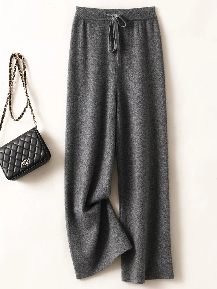 Adele Women’s Wide-Leg Knit Pants – Soft Loose Fit 100% Merino Wool Trousers for Autumn/Winter