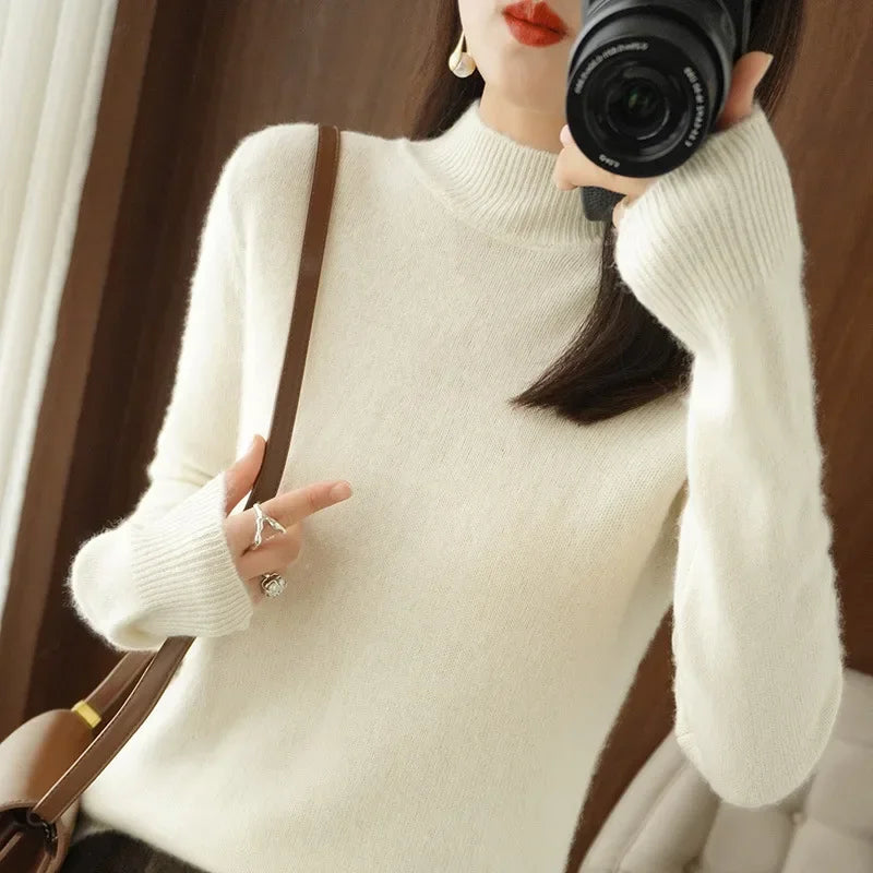 100% Cashmere Minimalist Half Turtleneck Knit Sweater – Soft Warm Basic Pullover for Autumn/Winter