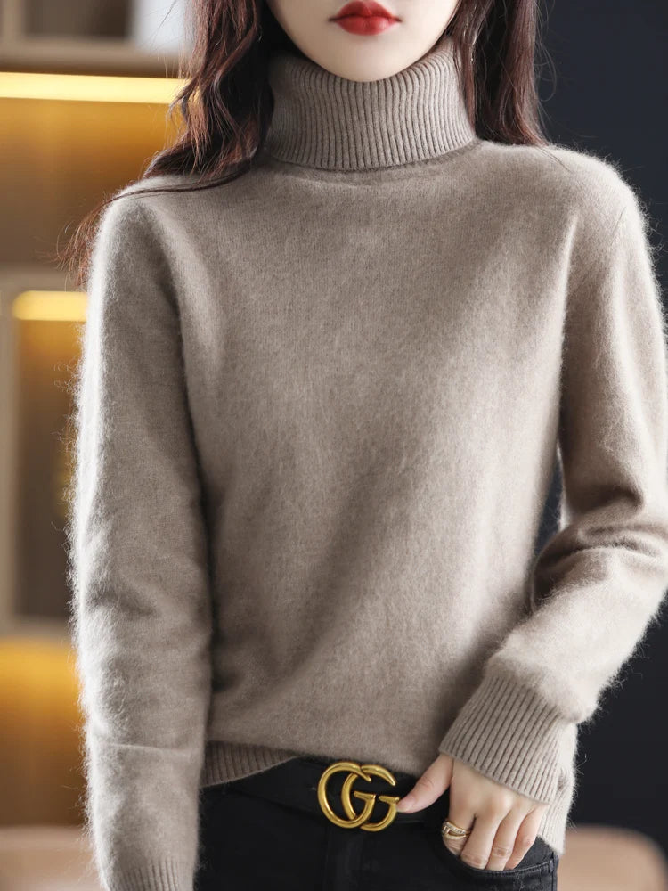 100% Mink Cashmere Turtleneck Sweater - Soft Slim Knit Pullover for Warm Elegant Autumn/Winter Style