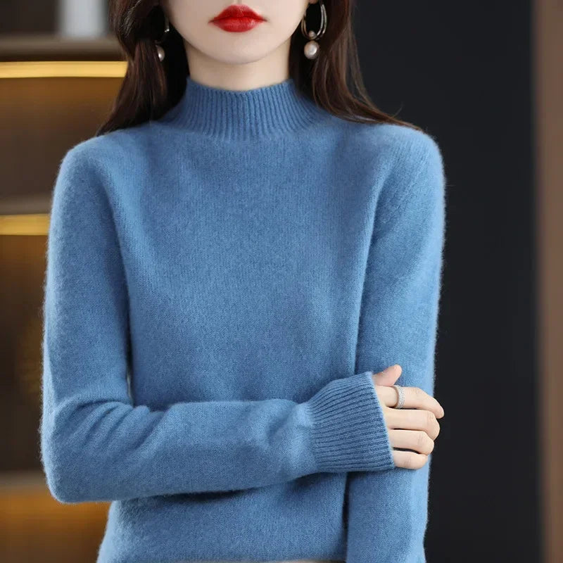 100% Cashmere Minimalist Half Turtleneck Knit Sweater – Soft Warm Basic Pullover for Autumn/Winter