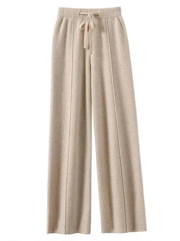 100% Cashmere Wide-Leg Knit Pants - High-Waist Soft Warm Trousers for Effortless Autumn/Winter Style