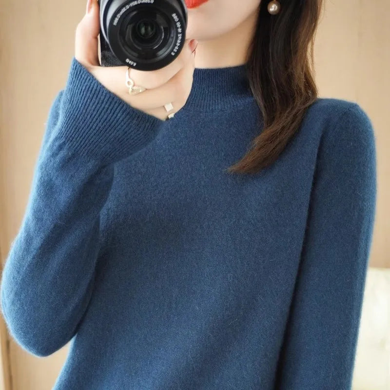 100% Cashmere Minimalist Half Turtleneck Knit Sweater – Soft Warm Basic Pullover for Autumn/Winter