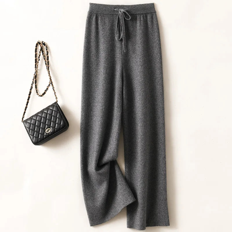 Adele Women’s Wide-Leg Knit Pants – Soft Loose Fit 100% Merino Wool Trousers for Autumn/Winter