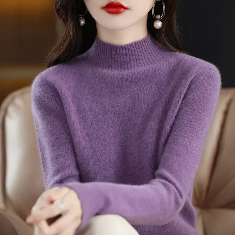 100% Cashmere Minimalist Half Turtleneck Knit Sweater – Soft Warm Basic Pullover for Autumn/Winter