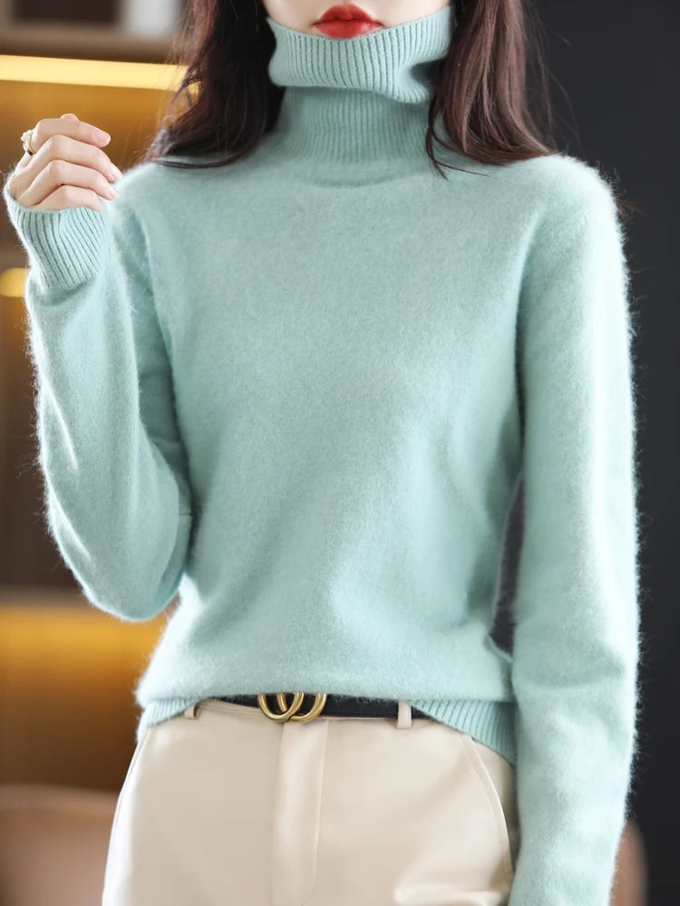 100% Mink Cashmere Turtleneck Sweater - Soft Slim Knit Pullover for Warm Elegant Autumn/Winter Style