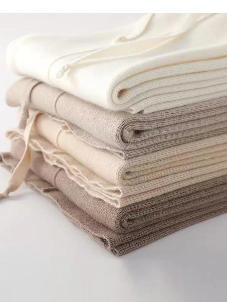 100% Cashmere Wide-Leg Knit Pants - High-Waist Soft Warm Trousers for Effortless Autumn/Winter Style
