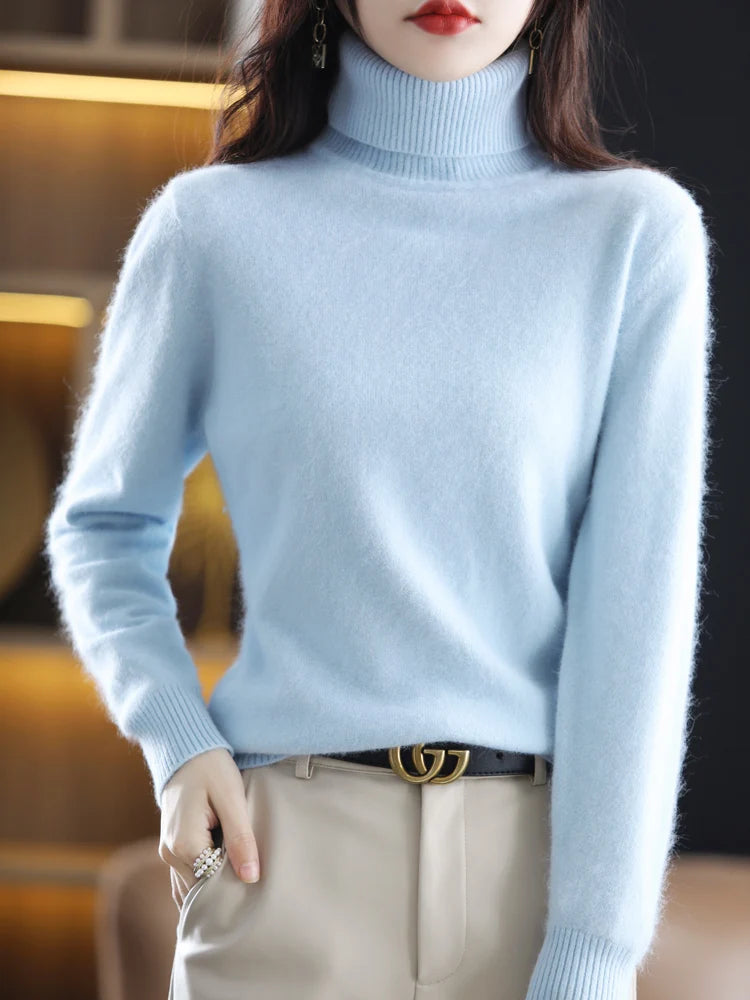 100% Mink Cashmere Turtleneck Sweater - Soft Slim Knit Pullover for Warm Elegant Autumn/Winter Style