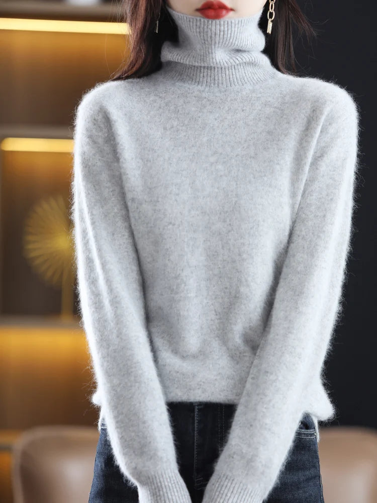 100% Mink Cashmere Turtleneck Sweater - Soft Slim Knit Pullover for Warm Elegant Autumn/Winter Style