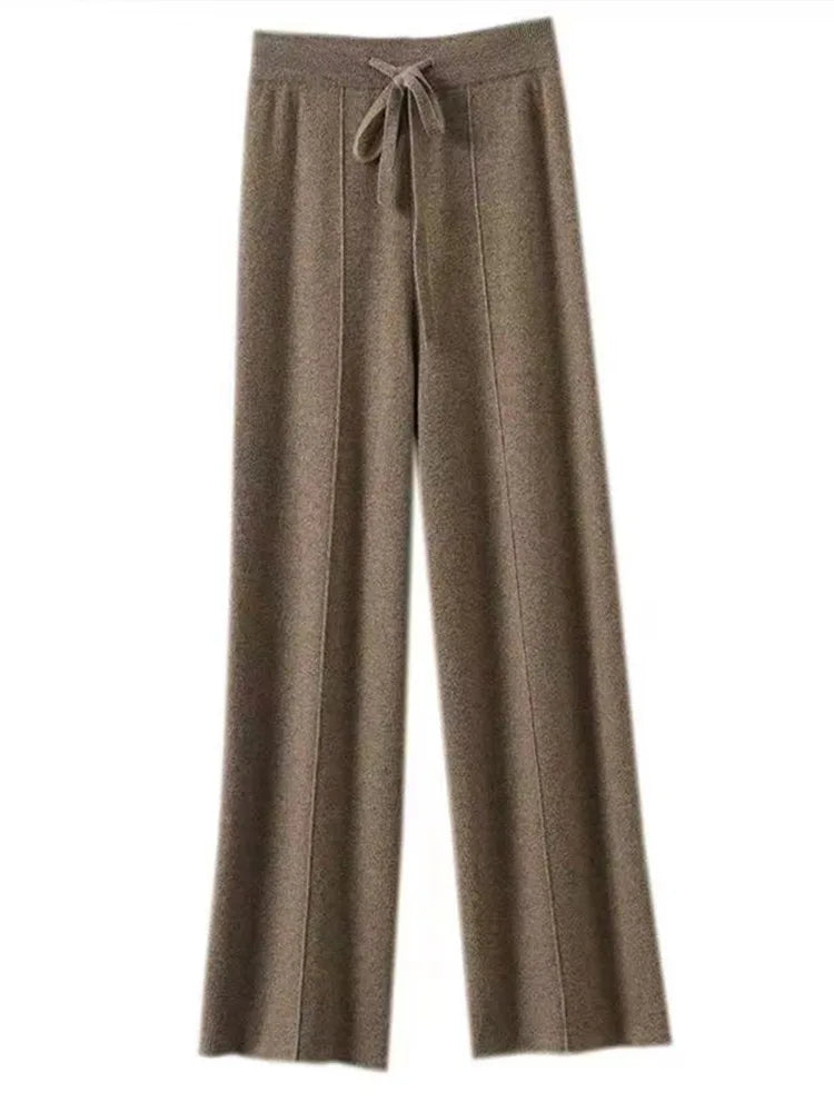 100% Cashmere Wide-Leg Knit Pants - High-Waist Soft Warm Trousers for Effortless Autumn/Winter Style