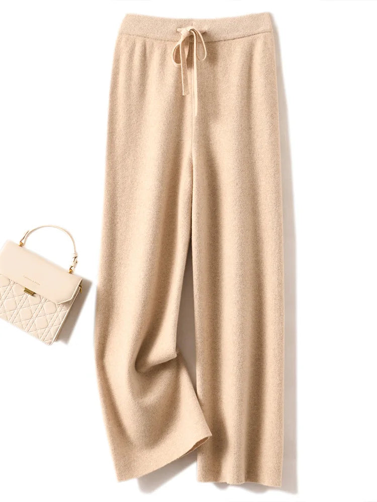 Adele Women’s Wide-Leg Knit Pants – Soft Loose Fit 100% Merino Wool Trousers for Autumn/Winter