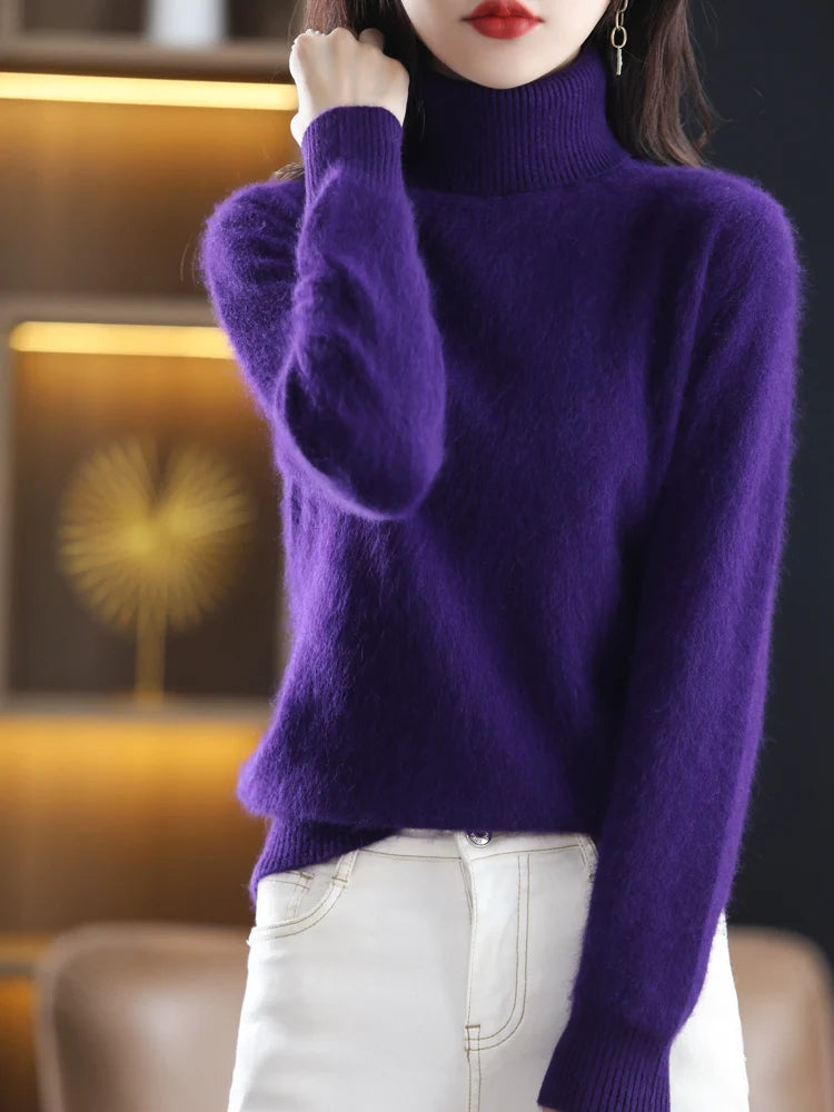 100% Mink Cashmere Turtleneck Sweater - Soft Slim Knit Pullover for Warm Elegant Autumn/Winter Style