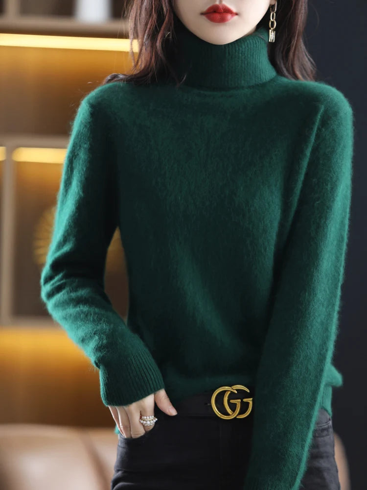 100% Mink Cashmere Turtleneck Sweater - Soft Slim Knit Pullover for Warm Elegant Autumn/Winter Style