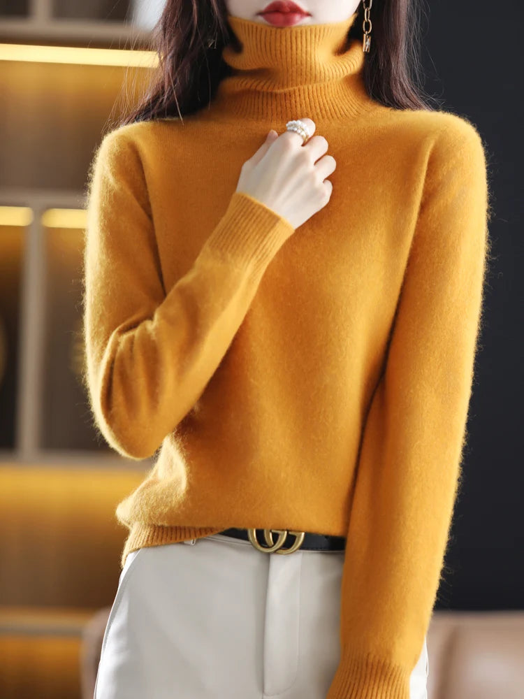 100% Mink Cashmere Turtleneck Sweater - Soft Slim Knit Pullover for Warm Elegant Autumn/Winter Style