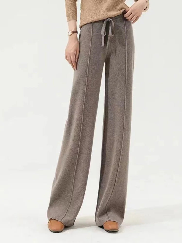 100% Cashmere Wide-Leg Knit Pants - High-Waist Soft Warm Trousers for Effortless Autumn/Winter Style