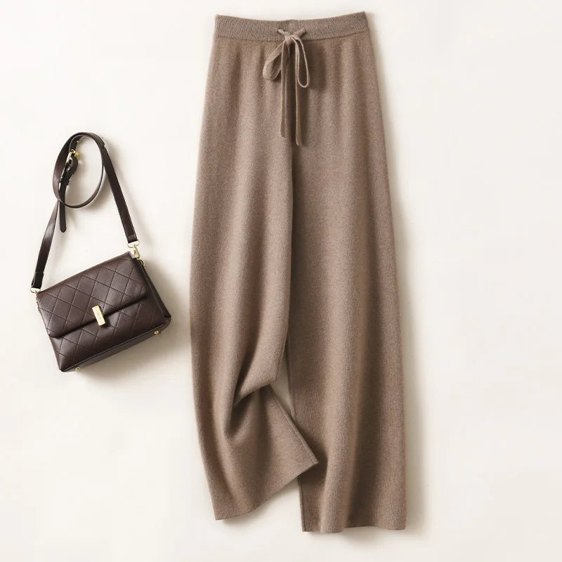 Adele Women’s Wide-Leg Knit Pants – Soft Loose Fit 100% Merino Wool Trousers for Autumn/Winter
