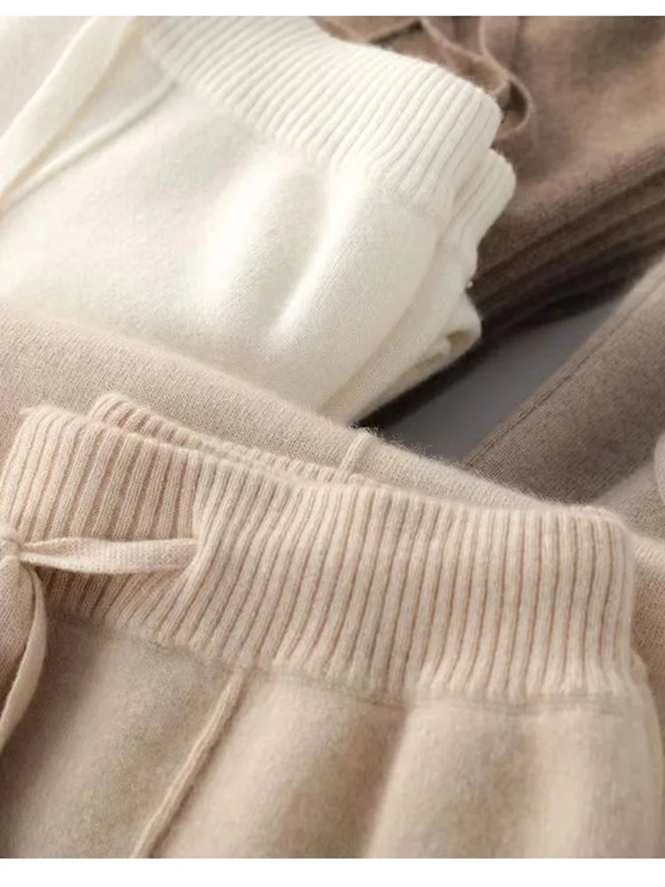 100% Cashmere Wide-Leg Knit Pants - High-Waist Soft Warm Trousers for Effortless Autumn/Winter Style