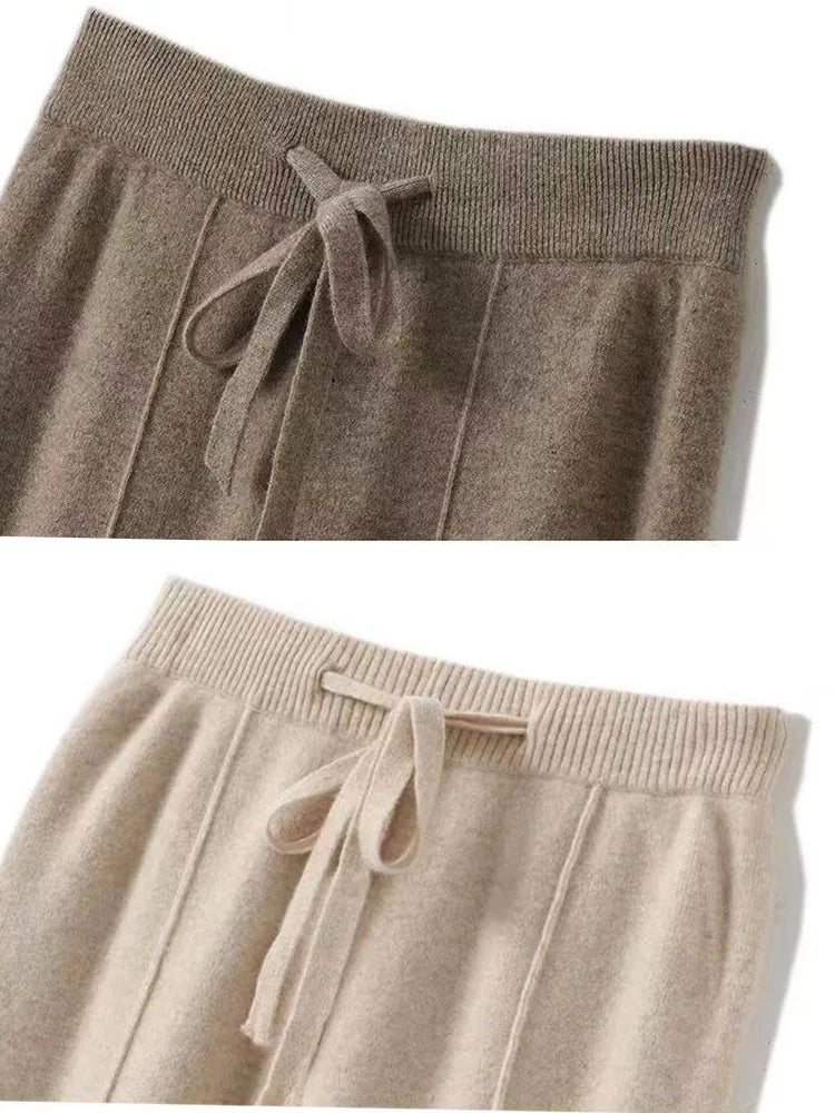 100% Cashmere Wide-Leg Knit Pants - High-Waist Soft Warm Trousers for Effortless Autumn/Winter Style
