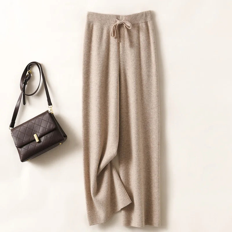 Adele Women’s Wide-Leg Knit Pants – Soft Loose Fit 100% Merino Wool Trousers for Autumn/Winter