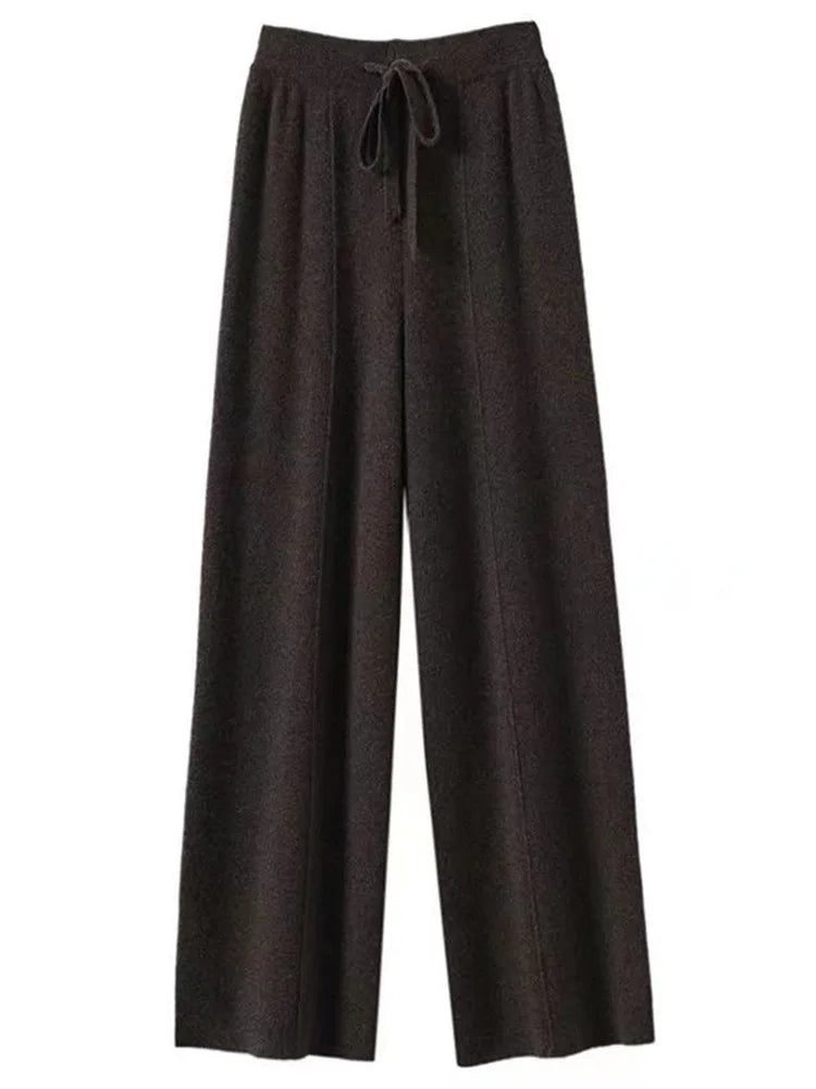 100% Cashmere Wide-Leg Knit Pants - High-Waist Soft Warm Trousers for Effortless Autumn/Winter Style