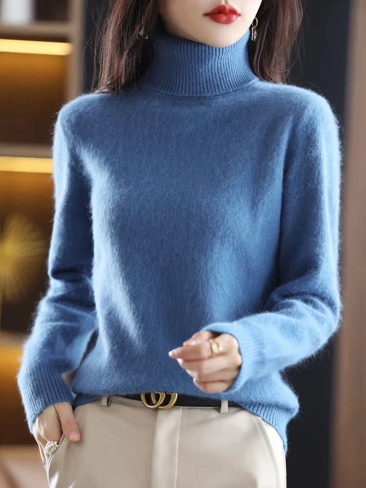 100% Mink Cashmere Turtleneck Sweater - Soft Slim Knit Pullover for Warm Elegant Autumn/Winter Style