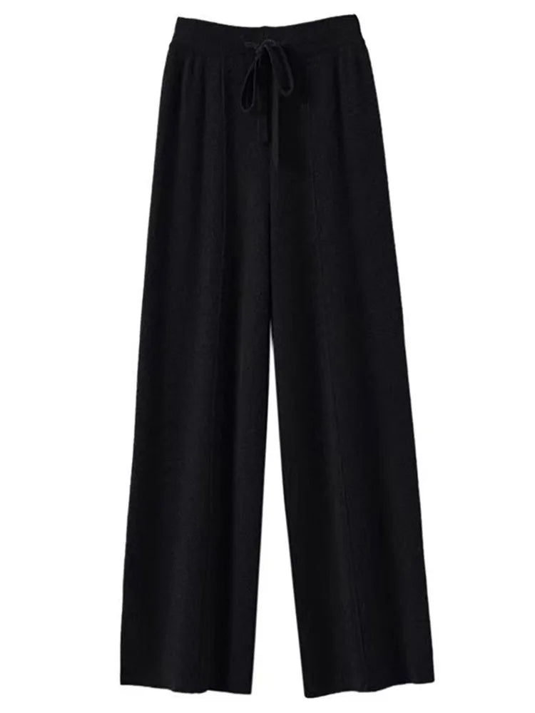 100% Cashmere Wide-Leg Knit Pants - High-Waist Soft Warm Trousers for Effortless Autumn/Winter Style