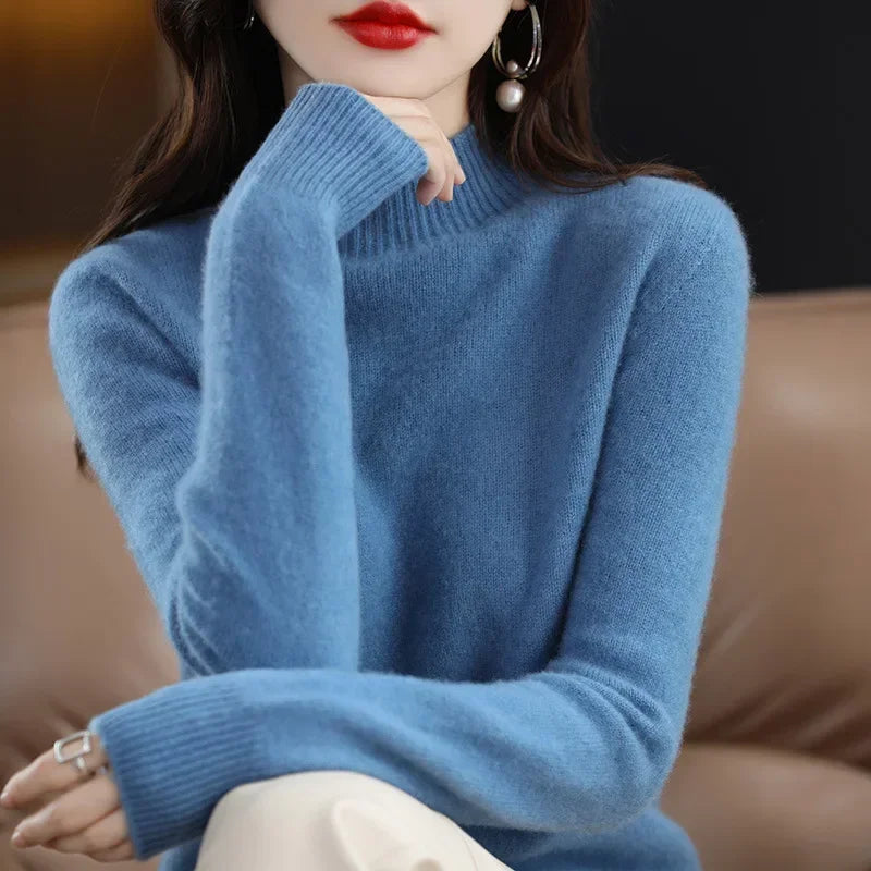 100% Cashmere Minimalist Half Turtleneck Knit Sweater – Soft Warm Basic Pullover for Autumn/Winter