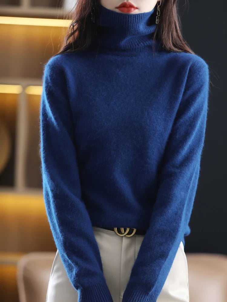 100% Mink Cashmere Turtleneck Sweater - Soft Slim Knit Pullover for Warm Elegant Autumn/Winter Style