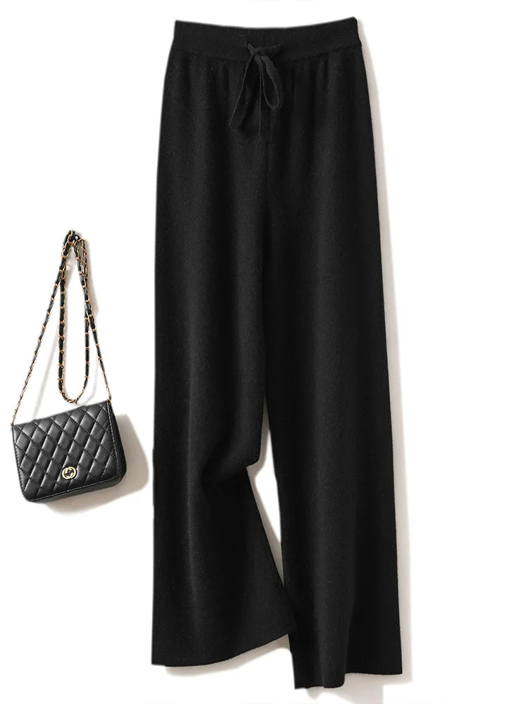 Adele Women’s Wide-Leg Knit Pants – Soft Loose Fit 100% Merino Wool Trousers for Autumn/Winter
