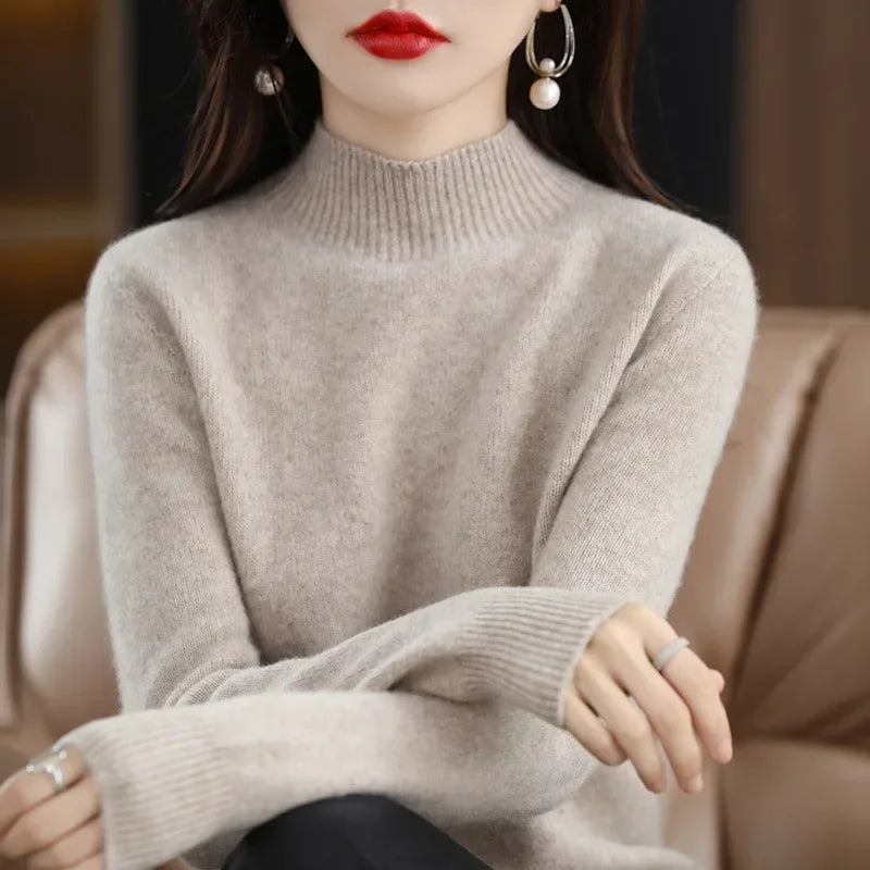 100% Cashmere Minimalist Half Turtleneck Knit Sweater – Soft Warm Basic Pullover for Autumn/Winter