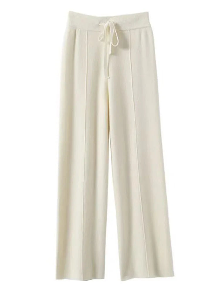 100% Cashmere Wide-Leg Knit Pants - High-Waist Soft Warm Trousers for Effortless Autumn/Winter Style