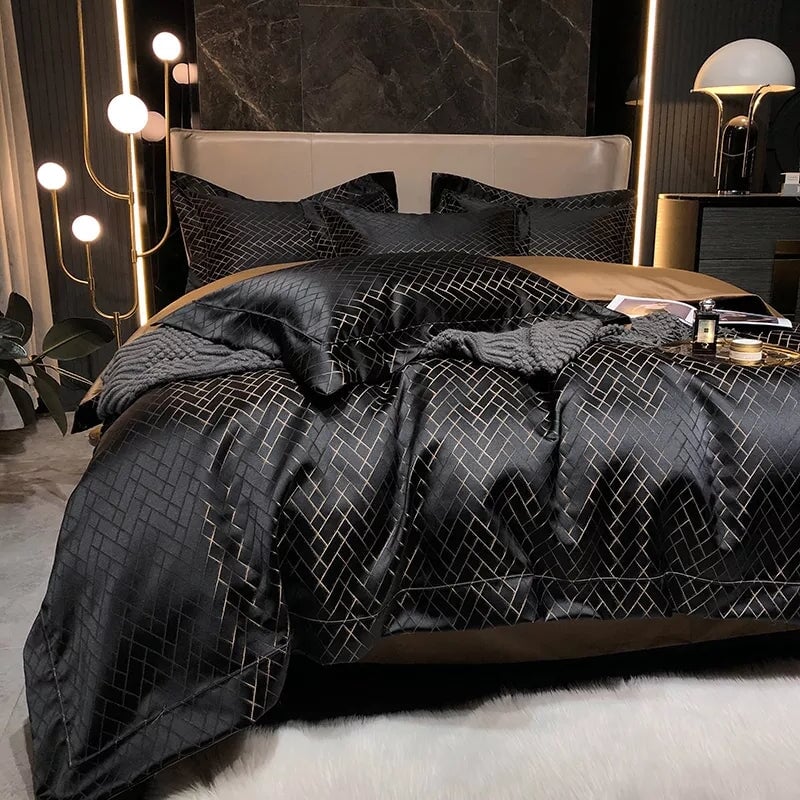 Nerissa Noir Jacquard Duvet Cover Set In Cotton Sateen