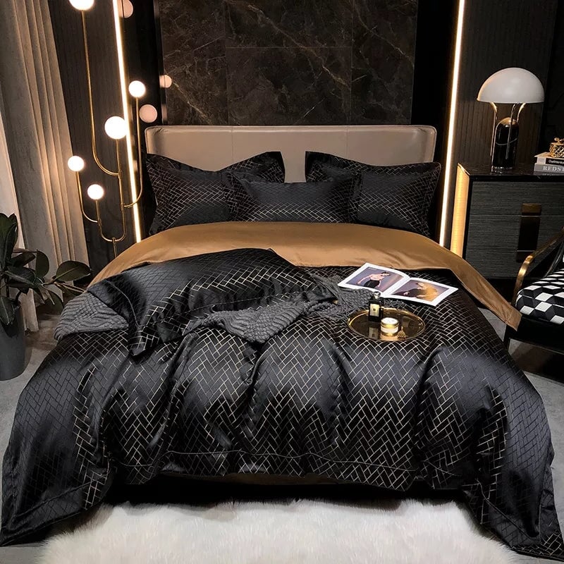 Nerissa Noir Jacquard Duvet Cover Set In Cotton Sateen